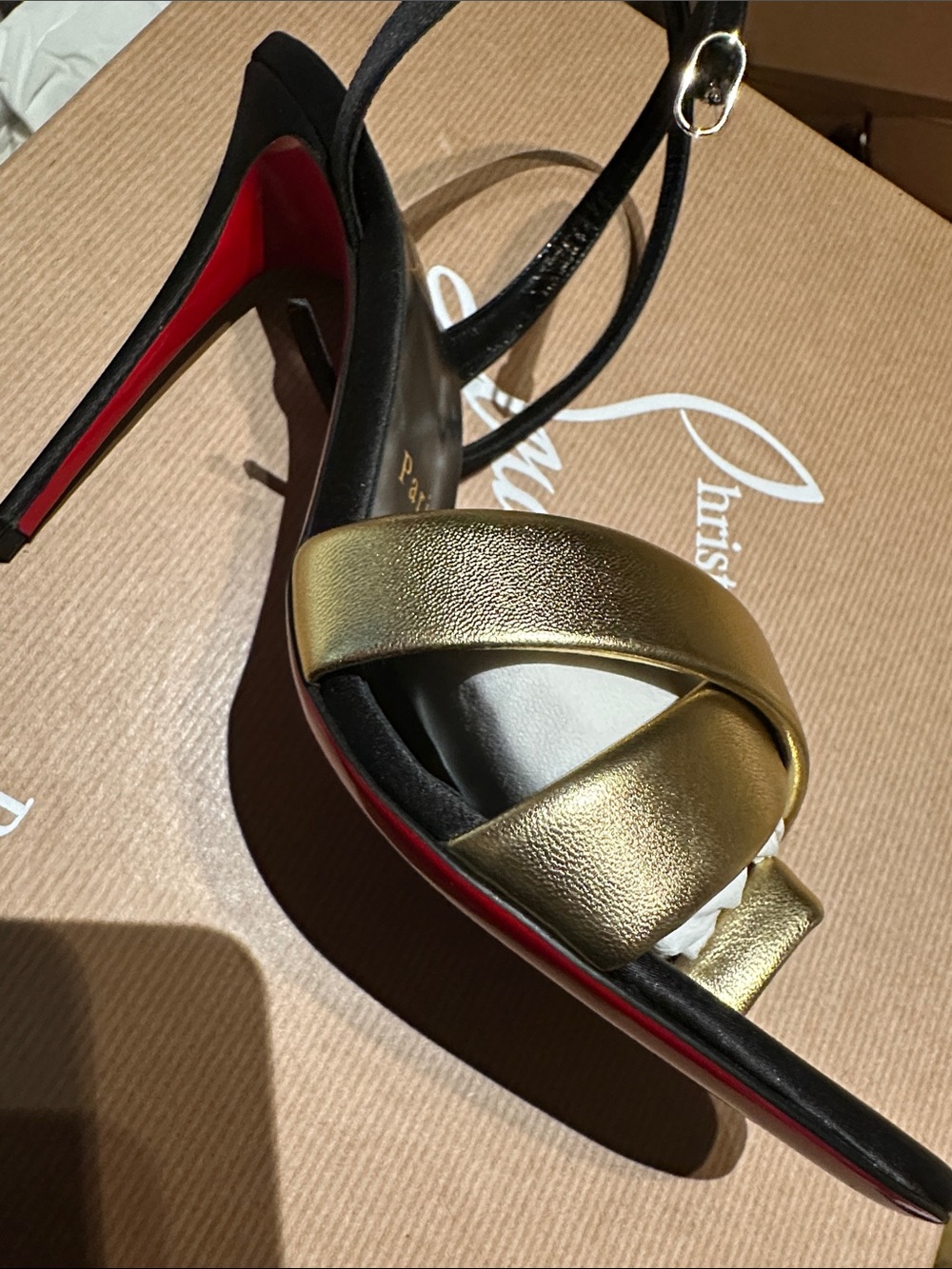 Christian Louboutin Gold and Black Strappy Stiletto Sandals - Picture 5 of 6